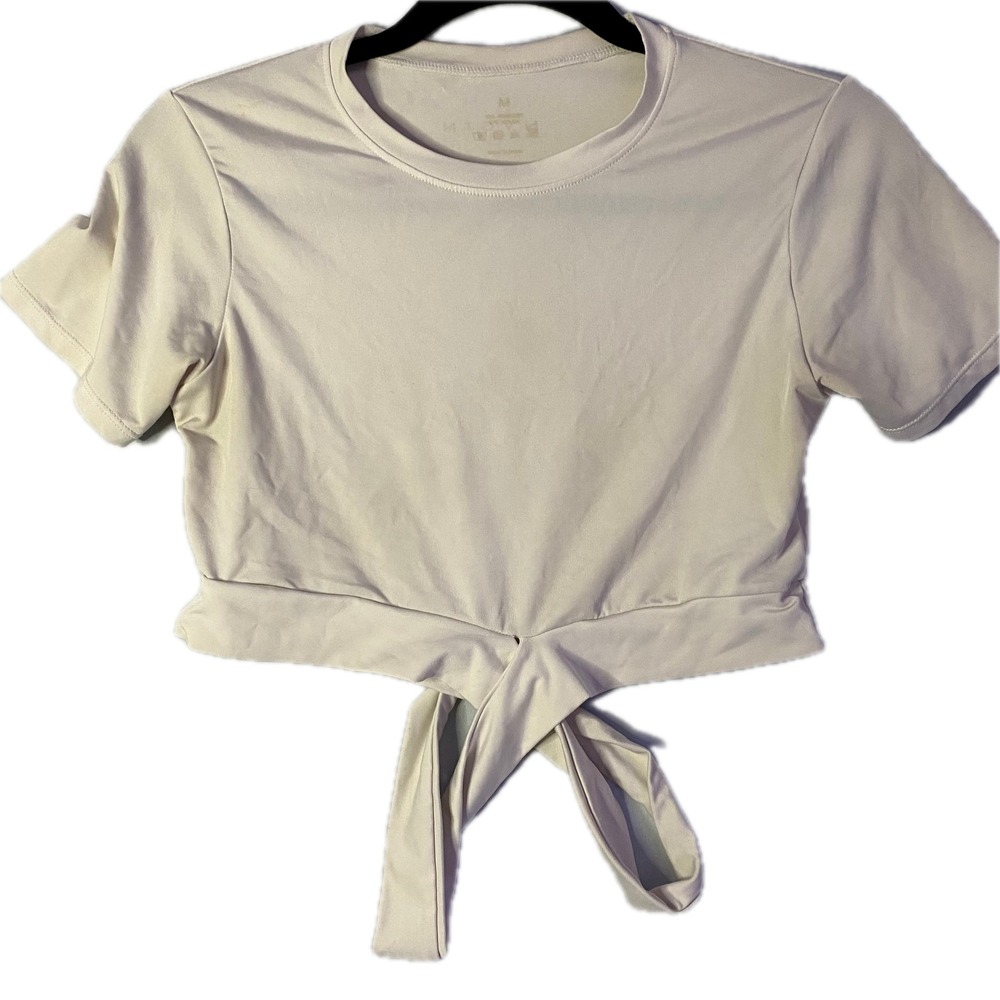 Front Tie Crop Top Women Size M Cream white Activewear short sleeve Tee